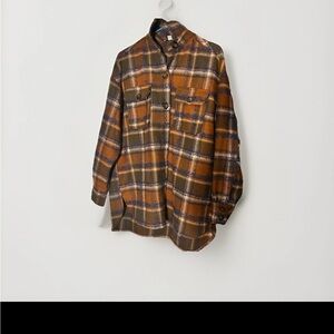 She + Sky Plaid Shacket Jacket Brown Blue Button Up Size Small